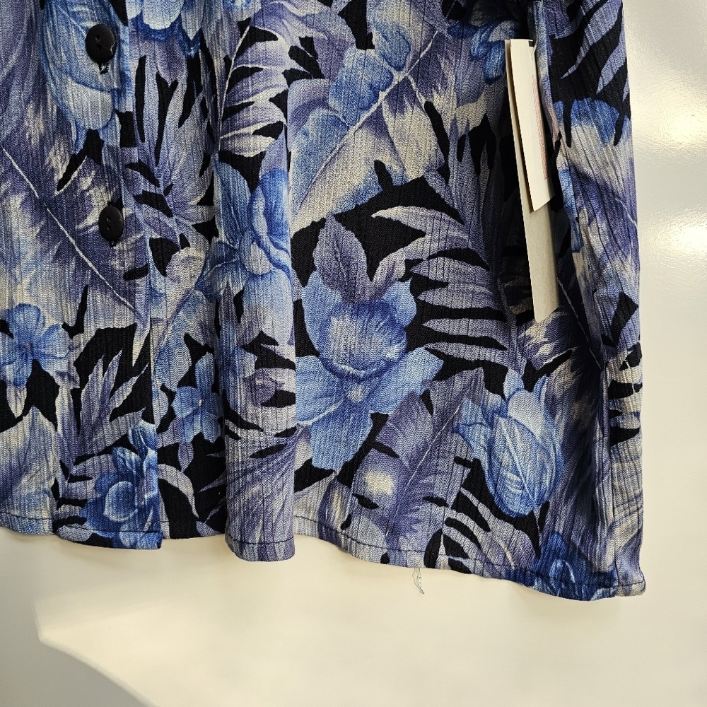 Vintage Blue and White Tropical Leaf Floral Button Up Blouse Semisheer XL NOS - Picture 4 of 12